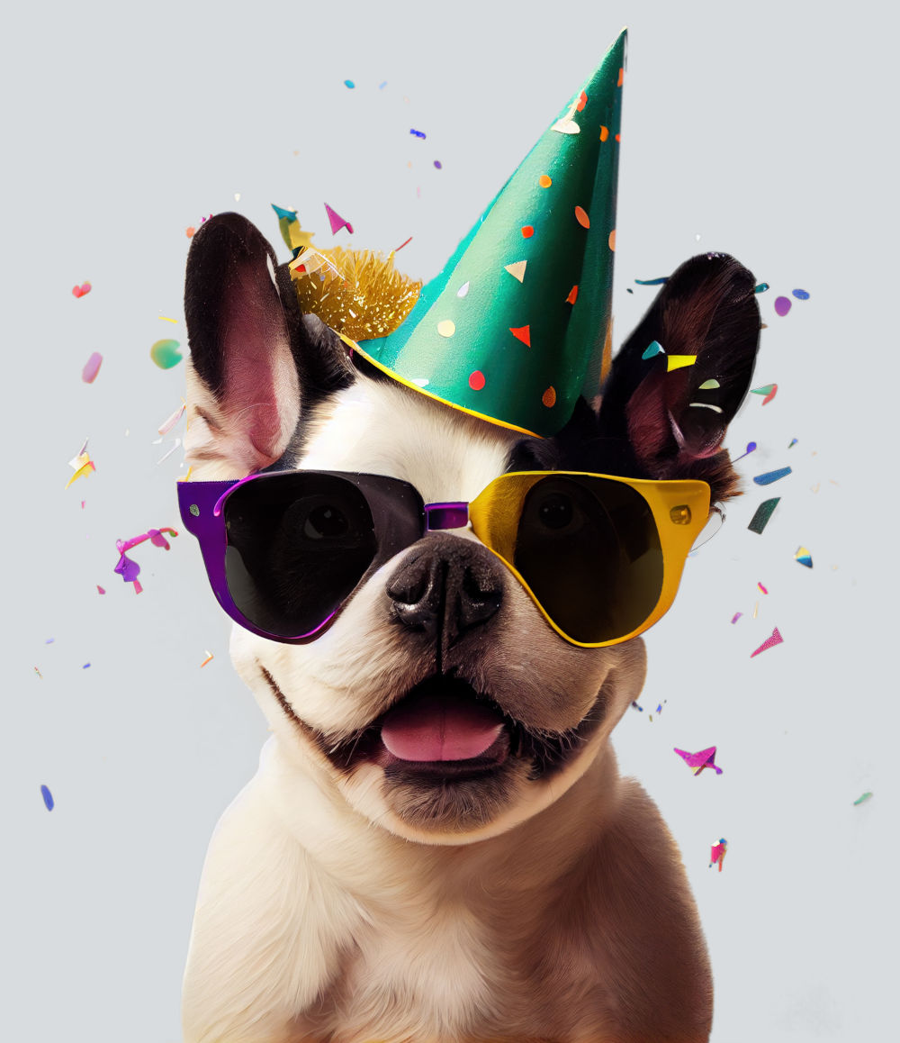 cute dog in party hat and sunglasses over yellow background. Gen